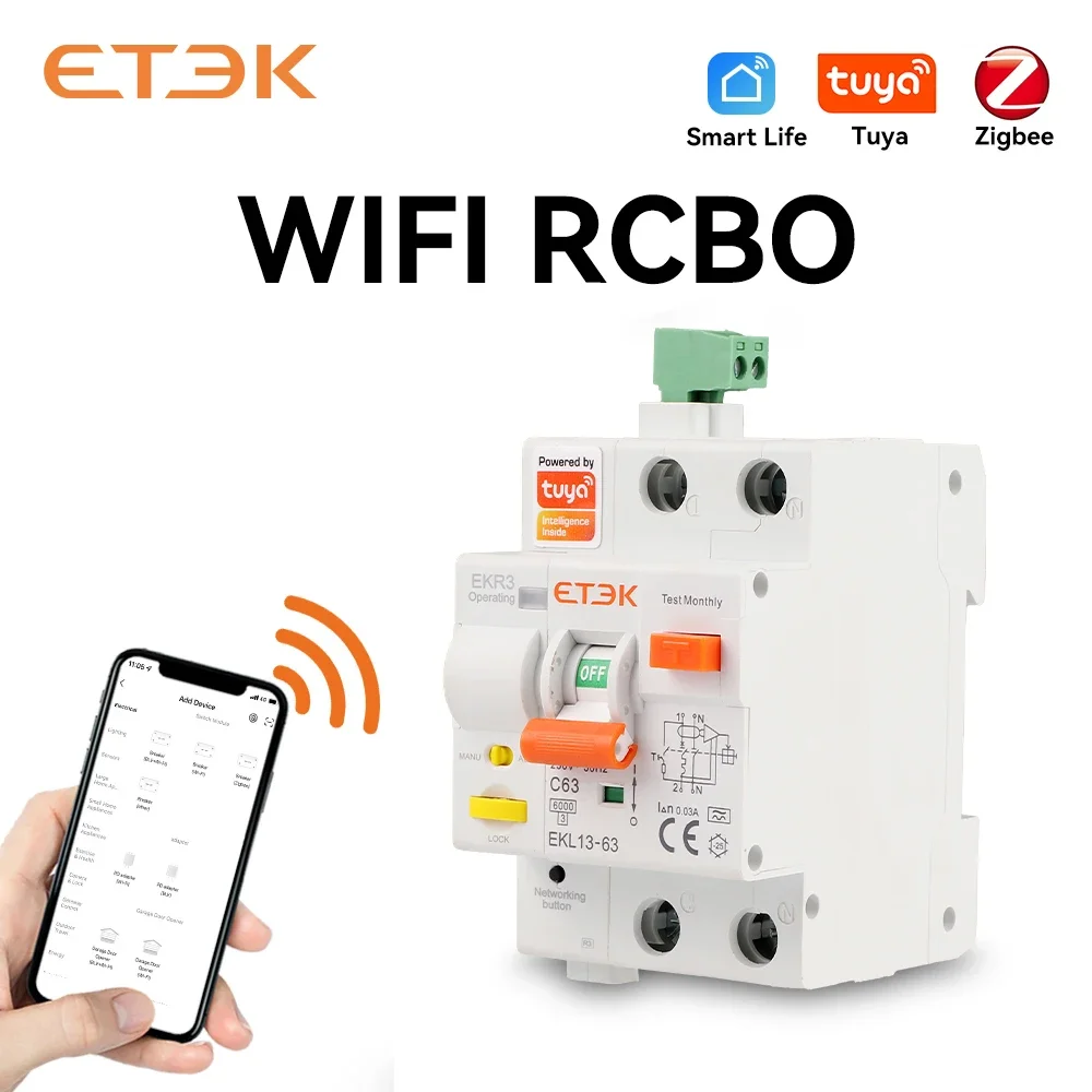 ETEK Tuya WlFl Smart circuit Breaker RCBO Smart Life Remote control short Circuit Protection Timed 2P withour metering EKR3L