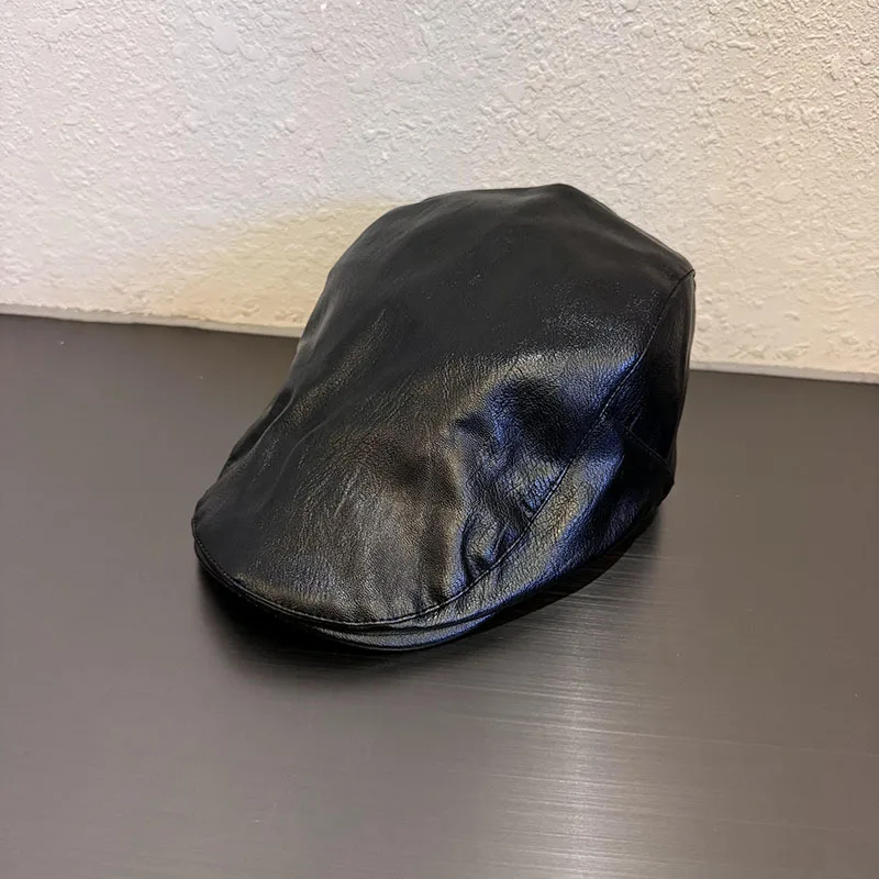 pu leather black beret baseball cap