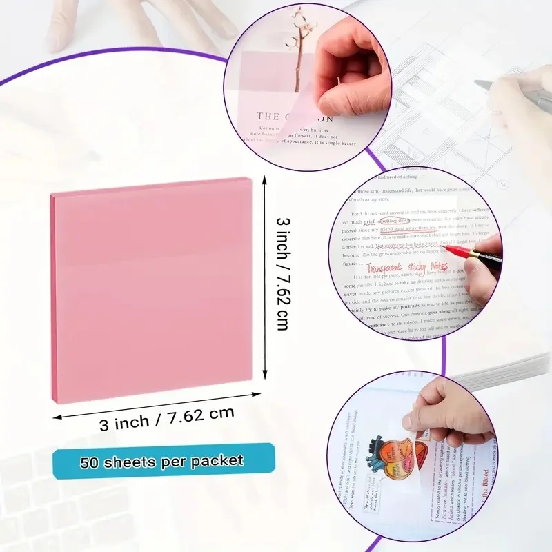 Vibrant Waterproof Transparent Sticky Note Pads - 50 Sheets of Self-Adhesive Memo Notes