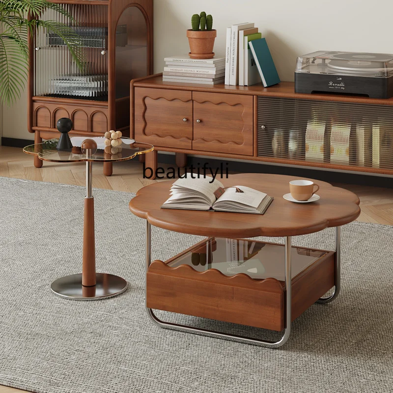 

Solid Wood Petal Coffee Table Living Room Home Balcony Retro Small Apartment Mini Storage Small Tea Table