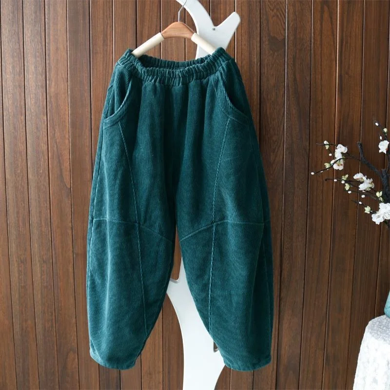 

2021 New Arrival Spring/autumn Women Patchwork Ankle-length Pants Casual Loose Cotton Corduroy Elastic Waist Harem Pants W605
