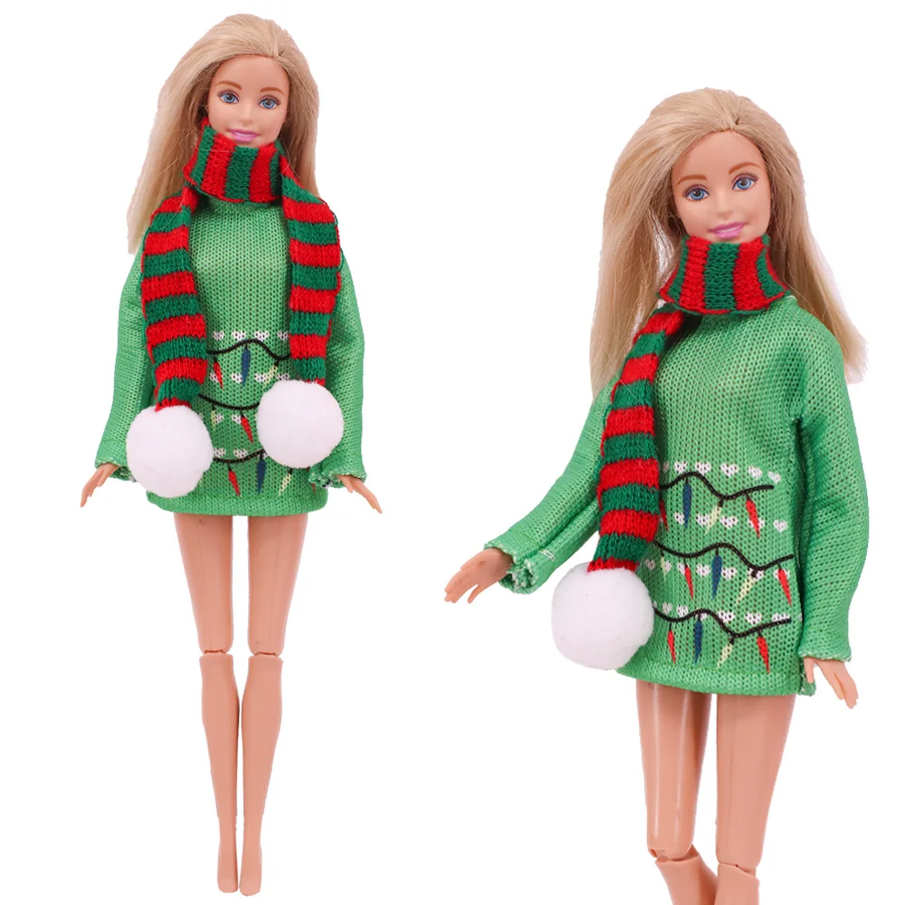 Set Vestiti Invernali Per Bambole 6 Pezzi - Maglione, Pantaloni, Cappello, Sciarpa, Guanti E Stivali - Arancione Rosso Natale