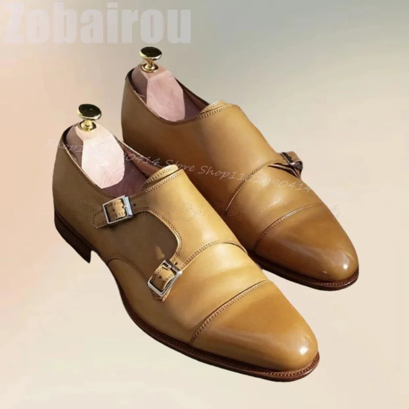 

Brown Sewing Design Buckle Decor Double Monk Loafers Fashion Slip On Men Shoes Luxurious Handmade Party Banquet Men Dress Shoes