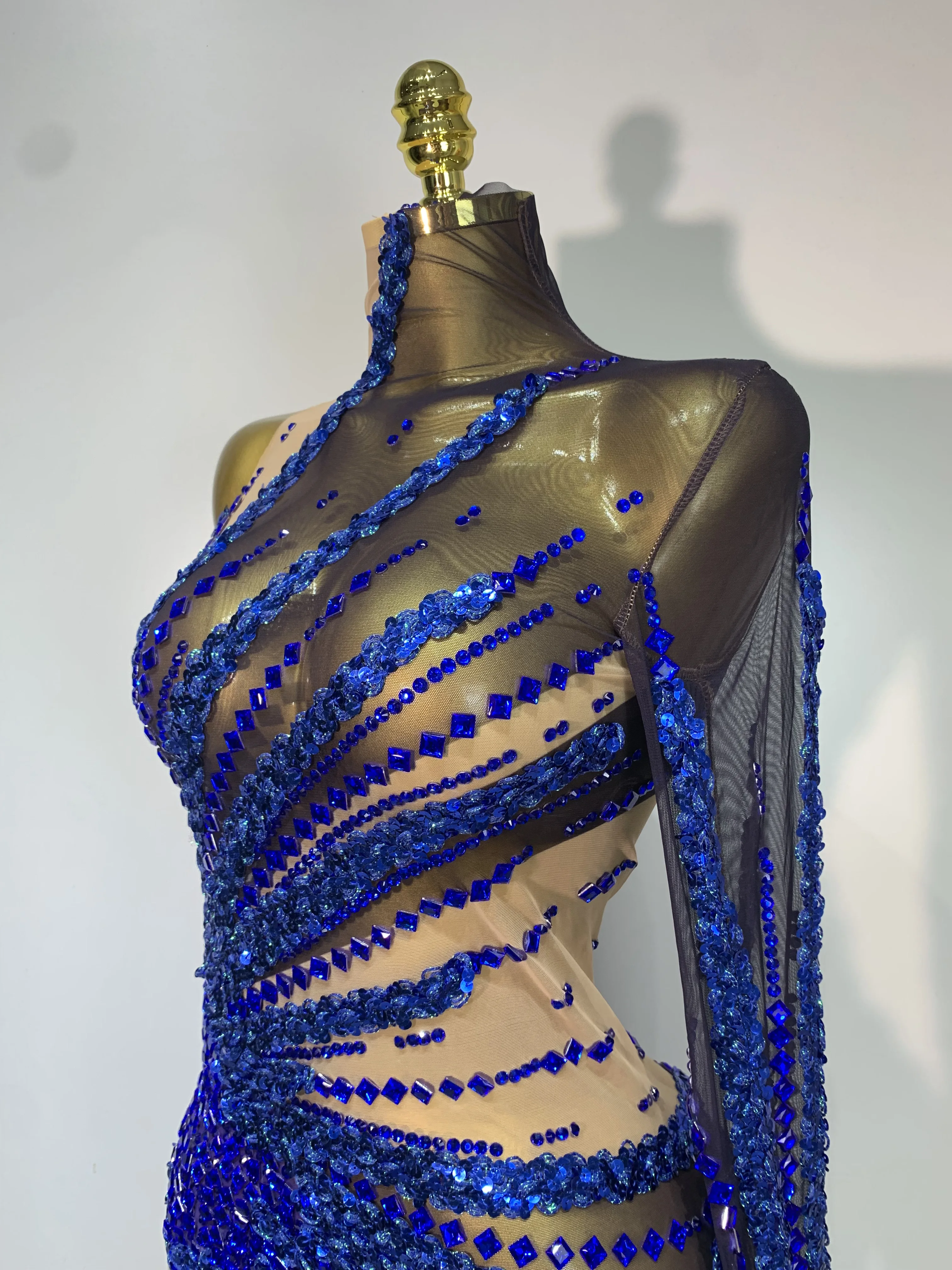 Sexy Red Mesh See Through Diamonds Sequins Dress Luxury Birthday Evening Party Costume Bar Nightclub Stage Performance Outfit