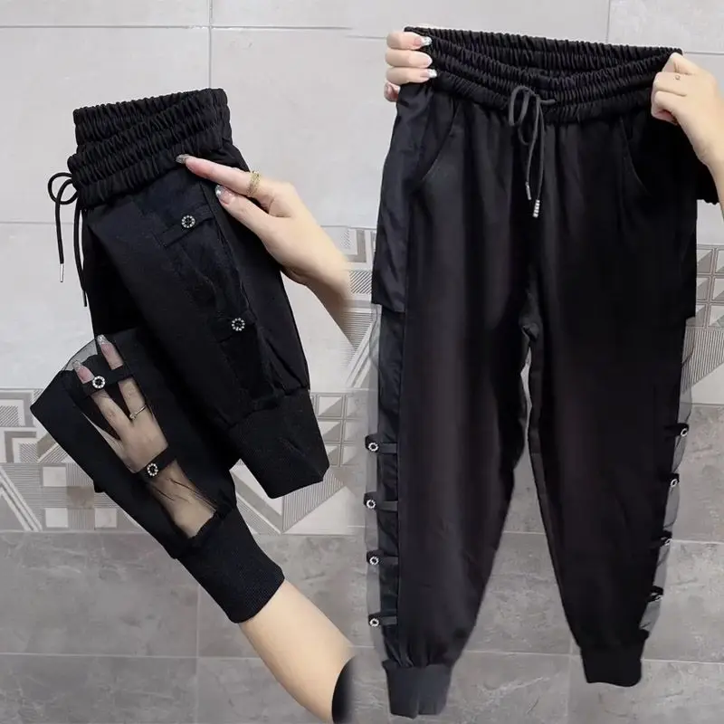 Minimalist Commute 2024 Summer New Capris Women's Elastic Waist Solid Gauze Hollow Out Button Loose Straight Harlan Casual Pants