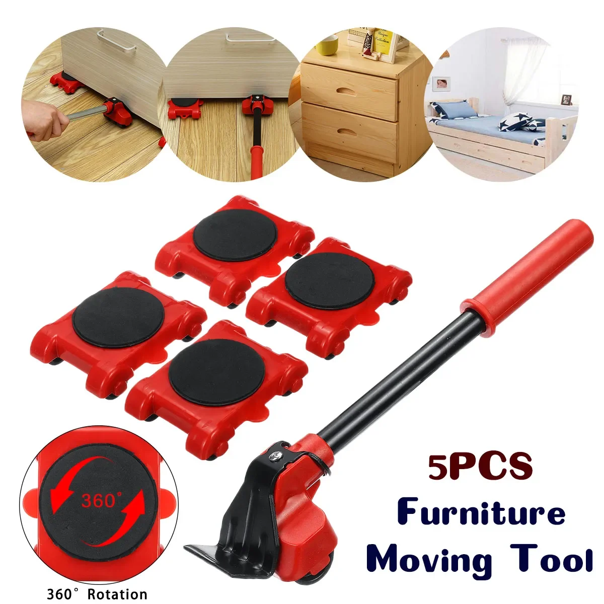 

5pcs set Furniture Lifter Heavy Duty Furniture Mover Transport Moving System 4 Move Roller 1 Wheel Bar Lifting Hand Tool Set