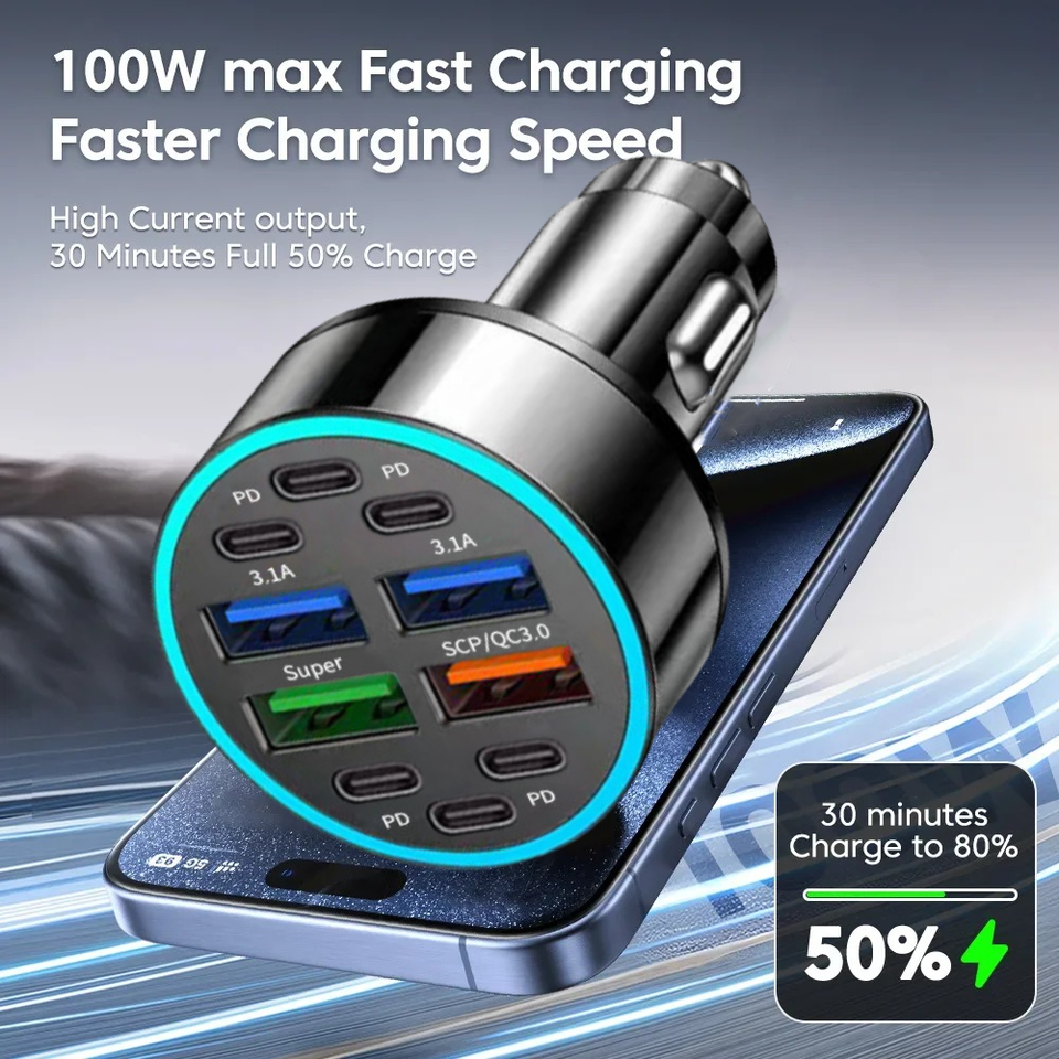 100W Car Charger PD Fast Charging QC3.0 USB 10 Ports Type C Auto Phone Charger For iPhone Samsung Huawei Xiaomi Adapter in Car