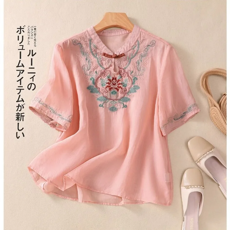 Summer New Chinese Style Pullovers Crew Neck Pan Button Embroidery Spliced Short Sleeve Elegant Loose Commuter T-shirt Tops
