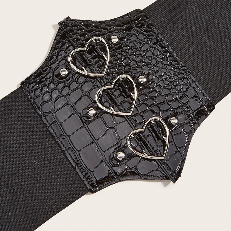 

Gothic Metal Buckle Waistband Wide Elastic Belts Women Slim Fit Corset Cummerbunds PU Leather Coat Hige Waist Accessory Black