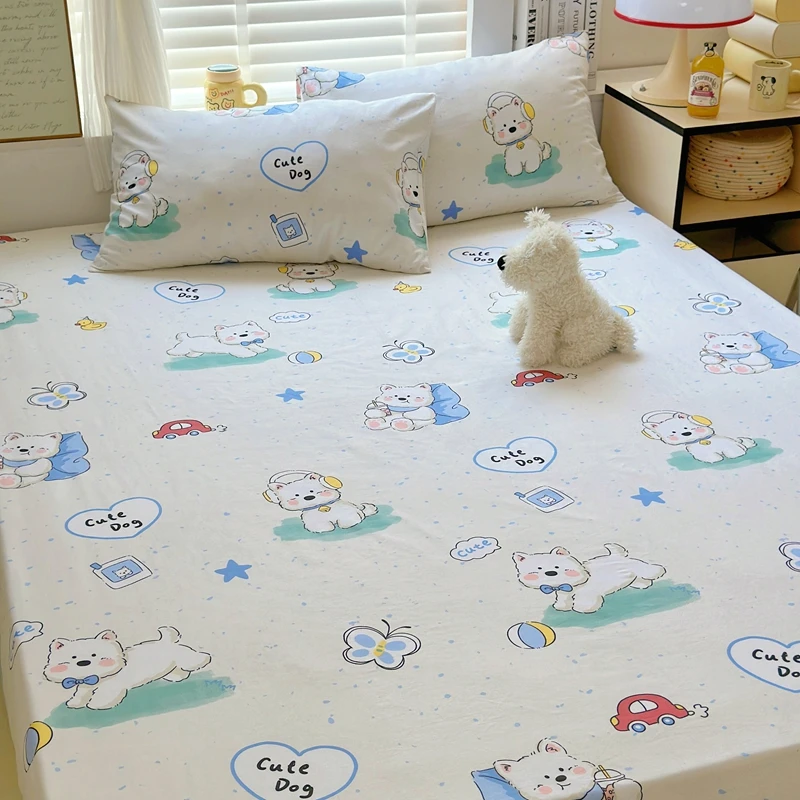3pcs Cotton Cute Dog Fitted Sheet Set, Cartoon Car Pattern Children Bedroom Bed Cover, Star Print Bedspread with 2 Pillowcases - Image 2