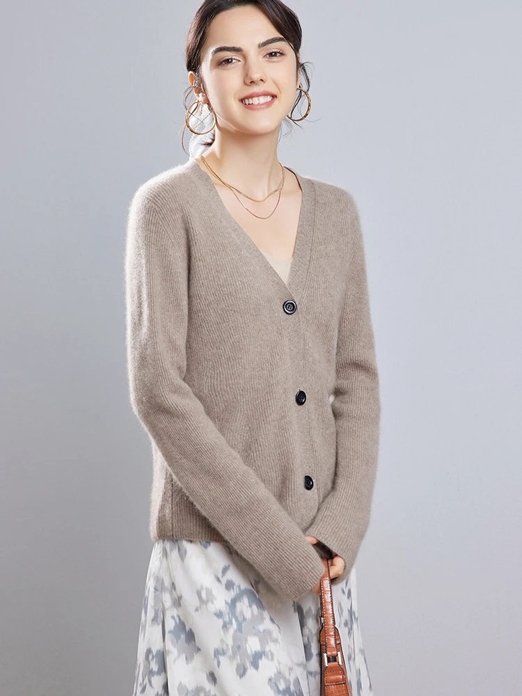 2022 Women 100% Wool V-neck Ribbing Cardigan Fall Winter Solid Color Thick  Female Knitted White Sweater Knit Jacket - AliExpress