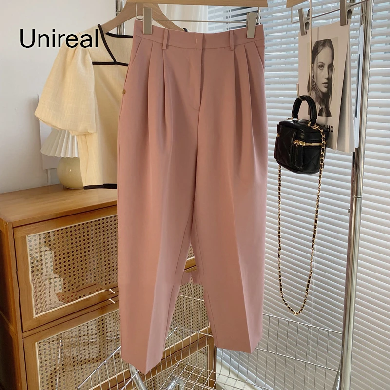 

Unireal 2022 Summer Autumn Women Cropped Pant Solid Black Casual Office Lady Wide Leg Pant Trousers