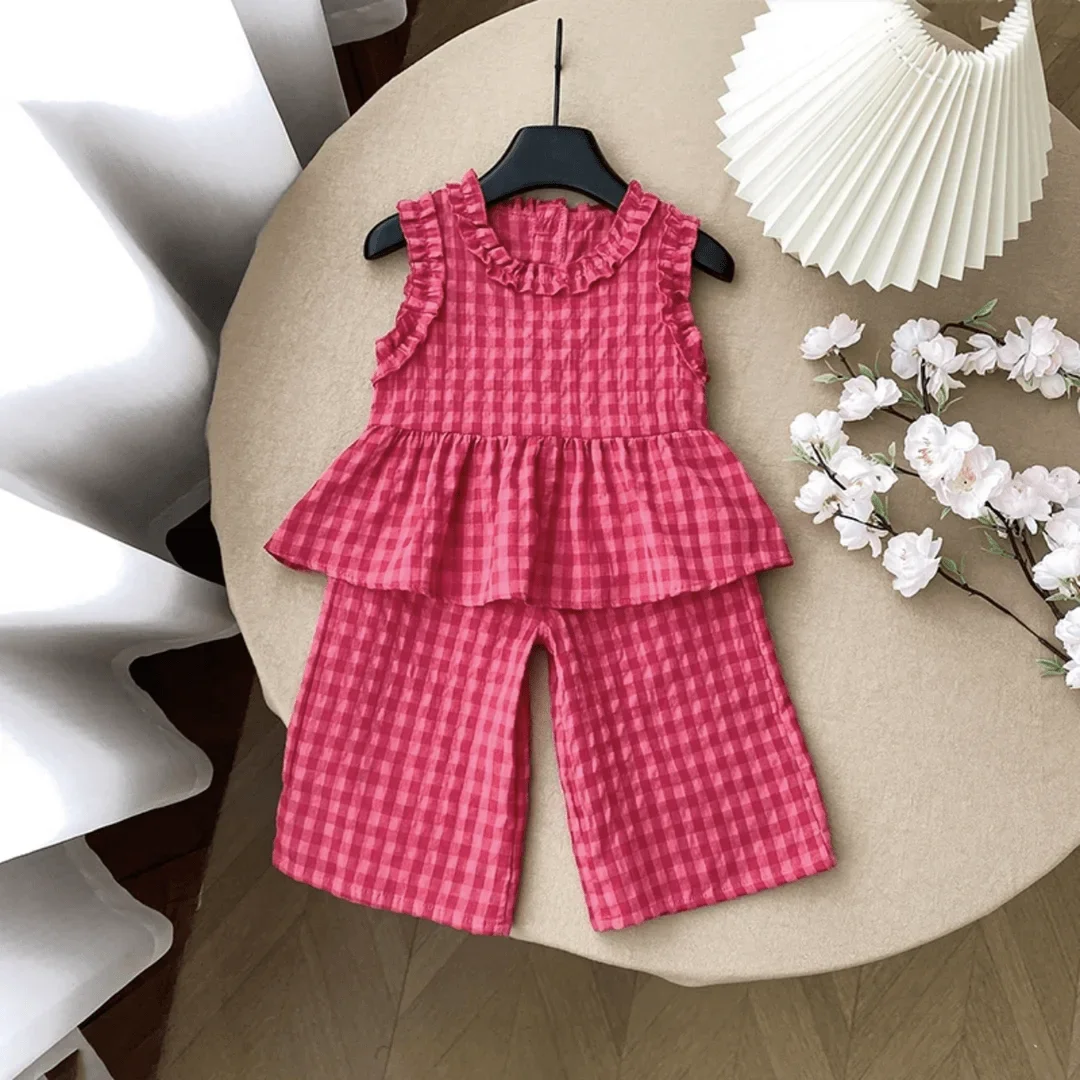 Children's Clothing Sets Retro Plaid Sleeveless Shirt +Flared Palazzo Pants 2pcs Sets Kids Boutique Clothes Baby Girl Outfit Set Sfc5adeefda7f48ce9424ad16731df26cd