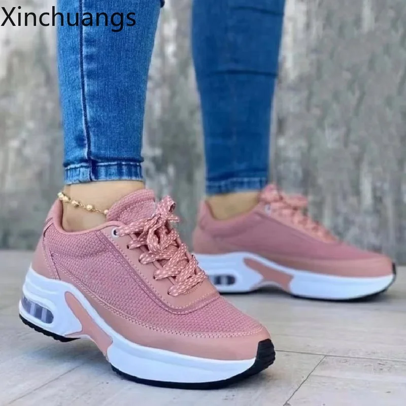 Women Breathable Mesh Soft Vulcanize Shoes Lace Up Wedge Platform Sneakers