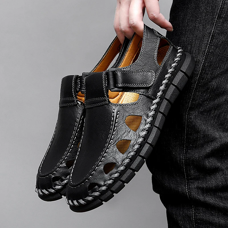 Men's Summer Shoes Genuine Leather Handmade Hollow Out Roma Flats Quick Dry Wading Aqua Sandals