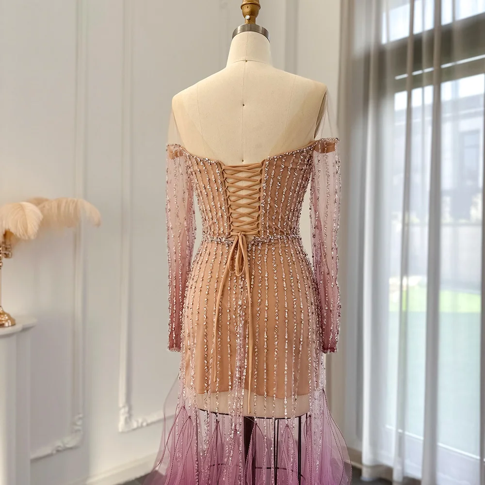 Luxury Dubai Mermaid Evening Dress Arabic Elegant Long Sleeves See Through Wedding Dress Party Prom Gowns Mallzona