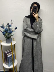 Bat Sleeves Linen Open Abaya Dubai Luxury 2024 Black Modest Abayas Moon Embroidery Design for Femme Musulman Eid