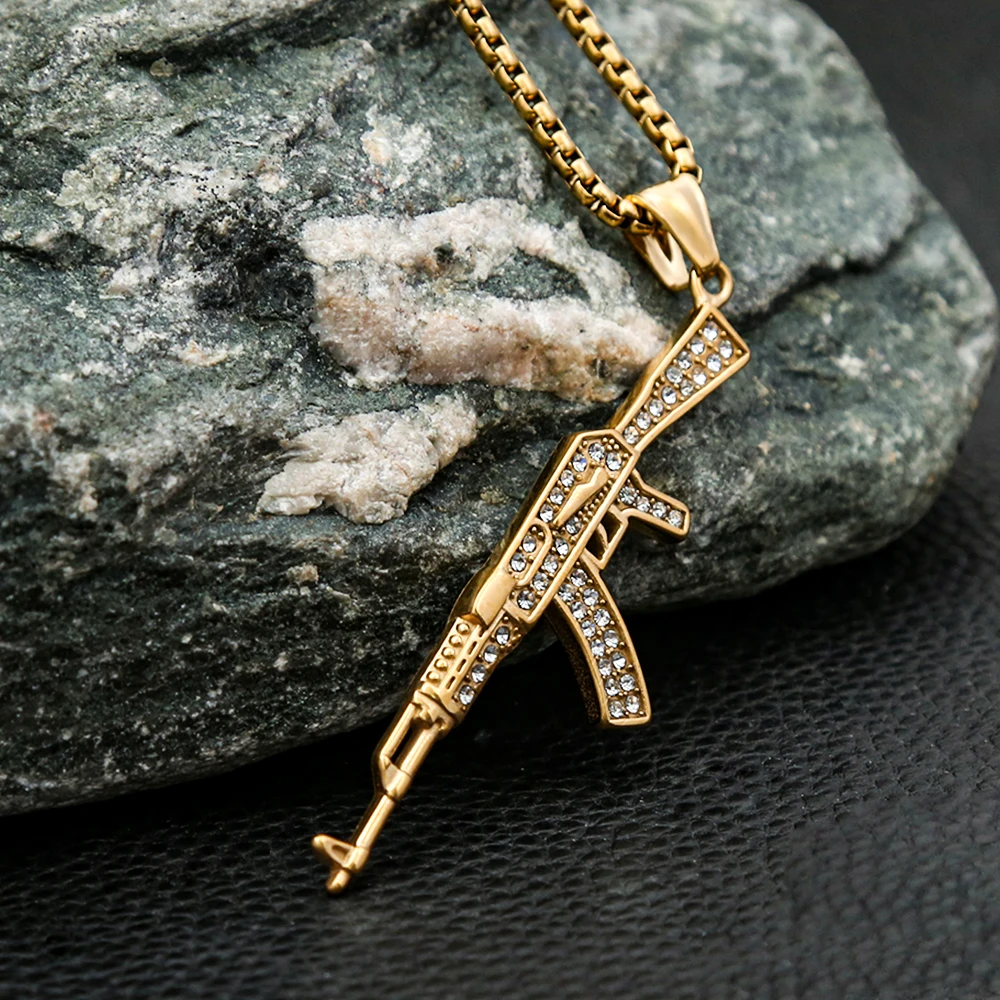 Punk Hip Hop Edelstahl Maschinen gewehr Anhänger mit Steinen Halskette für Männer Frauen Mode kreative Amulett Schmuck Drops hipping