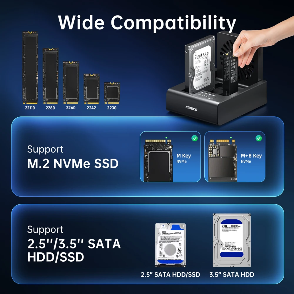 FIDECO 2/3 베이 하드 드라이브 도킹 스테이션 (M.2 NVMe SSD 및 2.5/3.5인치 SATA HDD용, 양방향 오프라인 복제 기능 및 팬 포함)