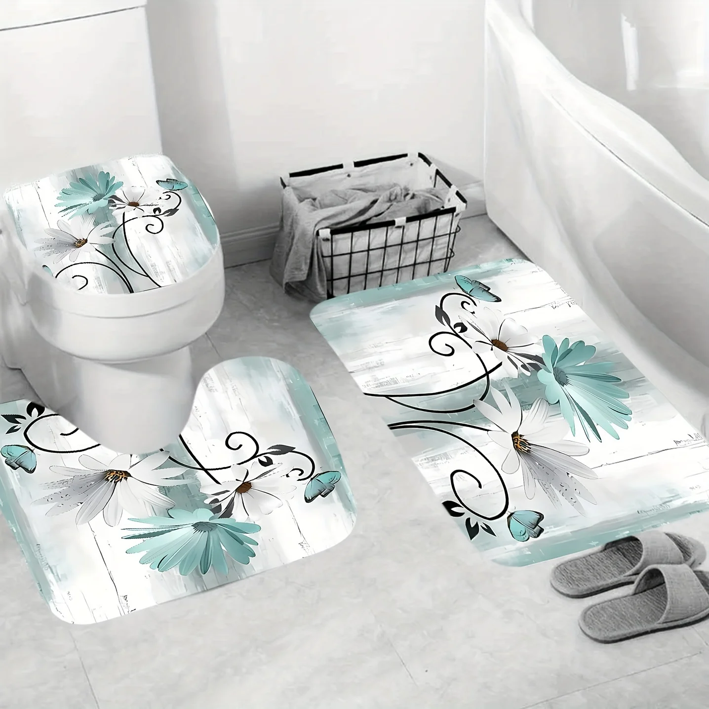 4pcs Floral Wooden Pattern Shower Curtain Set, Bathroom Rug, U-Shape Mat, Toilet Lid Pad, Waterproof Curtain With 12 Plastic , B