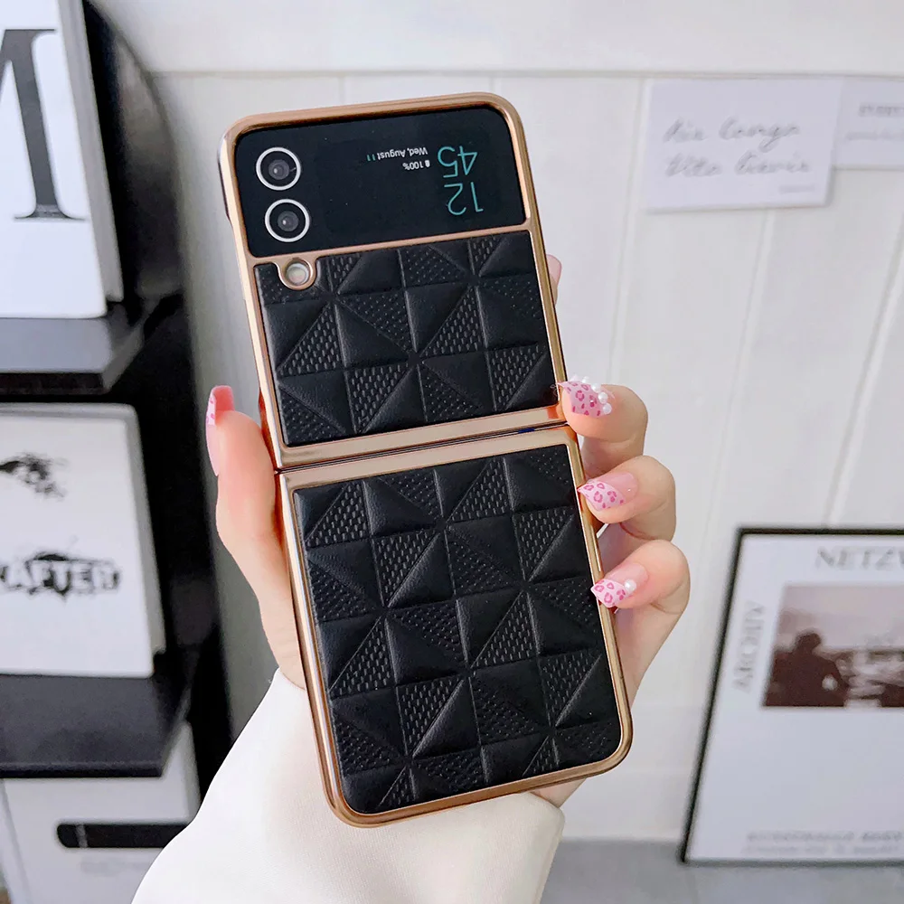 Luxury Electroplated Lattice Case For Samsung Galaxy Z Flip 3 4 5G Phone Cases Shockproof Cover Hard Plastic Shell Coque Funda