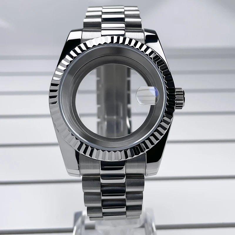 Watch Case 39mm NH35 Stainless Steel President Bracelet Sapphire Glass For Seik Mod Parts Fit NH35 NH36 Movement
