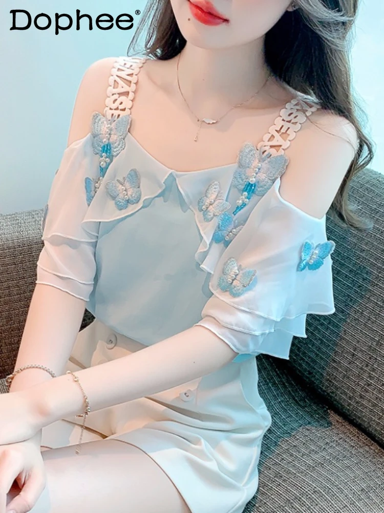 Off-the-Shoulder Chiffon Shirt Short-Sleeved Shirt for Women Summer New Ruffled Spaghetti Straps Top Loose Pullover Womens Tops