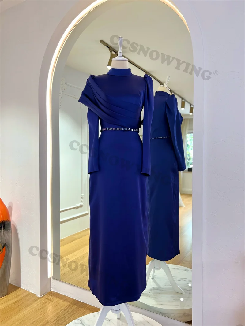 

Waist Appliques Beaded Muslim Evening Dresses Long Sleeve Islamic Formal Party Gowns High Neck Women Arabic Robes De Soirée