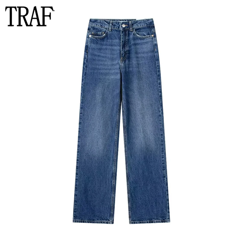 

TRAF 2023 High Waist Jeans for Women Blue Denim Trousers Women Faded Straight Leg Jeans Women Fall Streetwear Mom Jeans Woman