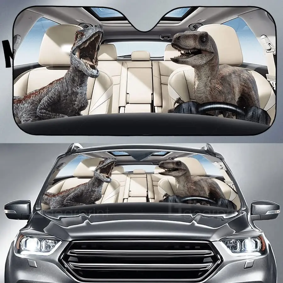 

Funny Velociraptor Dinosaur Couple Driving Car Sunshade, Velociraptor Dinosaurs Driving Auto Sun Shade, Gift for Velociraptor Di