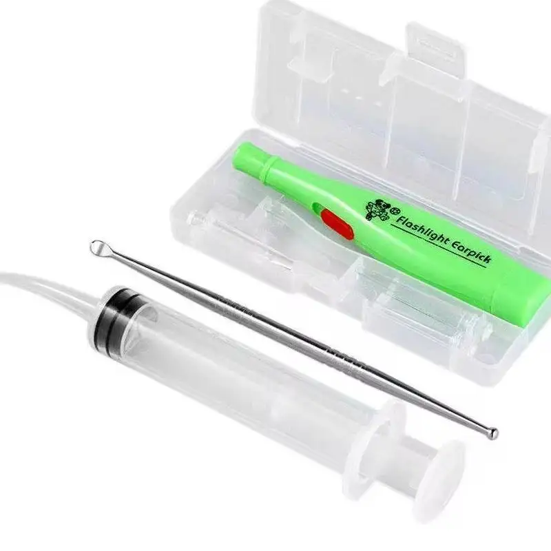 LED Light Ear Wax Remover Tonsil Stone Remover Tools 3 With Irrigator Steel Earpick Tool Tips Syringe Ear Clean Care Stainl W1K7