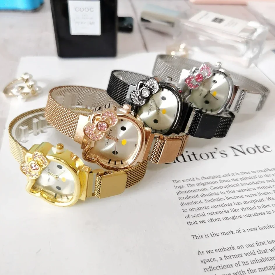 

Sanrio Hello Kitty Toy Watch Metal Vintage Diamond Bow Ladies Kawaii Girl Birthday Cartoon Anime Student Magnet Strap Gift