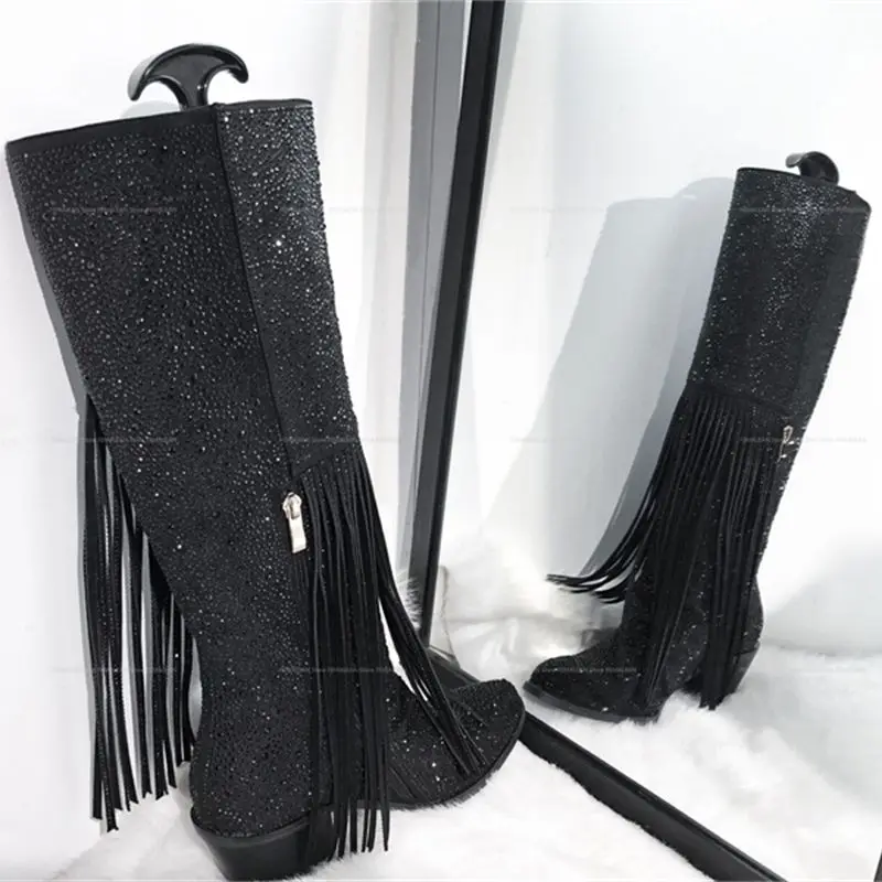 

Free Shipping Promotion Rhinestone Thigh Knee High Heels Elegant Fringe Rubber Black Pointed Toe Winter Women's Boots Trend 2023