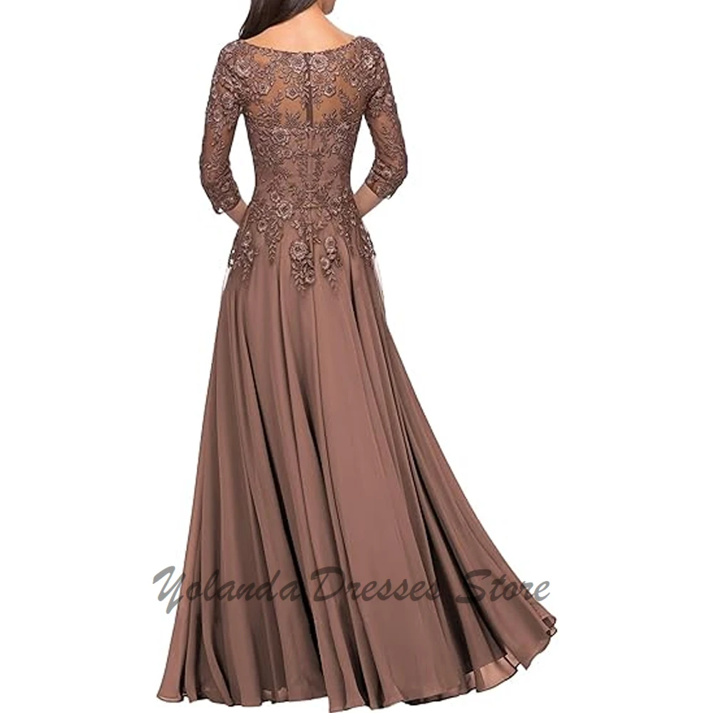 Modern V Neck Mother of The Bride Dresses 3/4 Sleeves Formal Dress Chiffon Floor Length Appliques Lace Evening Gown Zipper Back