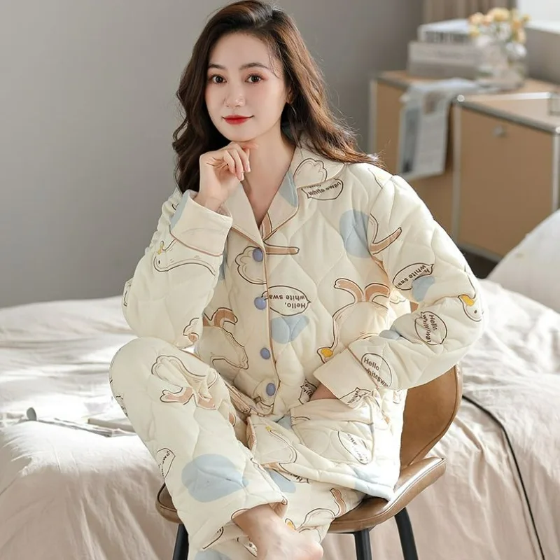 

100% New Pure Cotton Thickened Sandwich Autumn and Winter Women High-end Fashion Home Clothing for Middle-aged and Young People