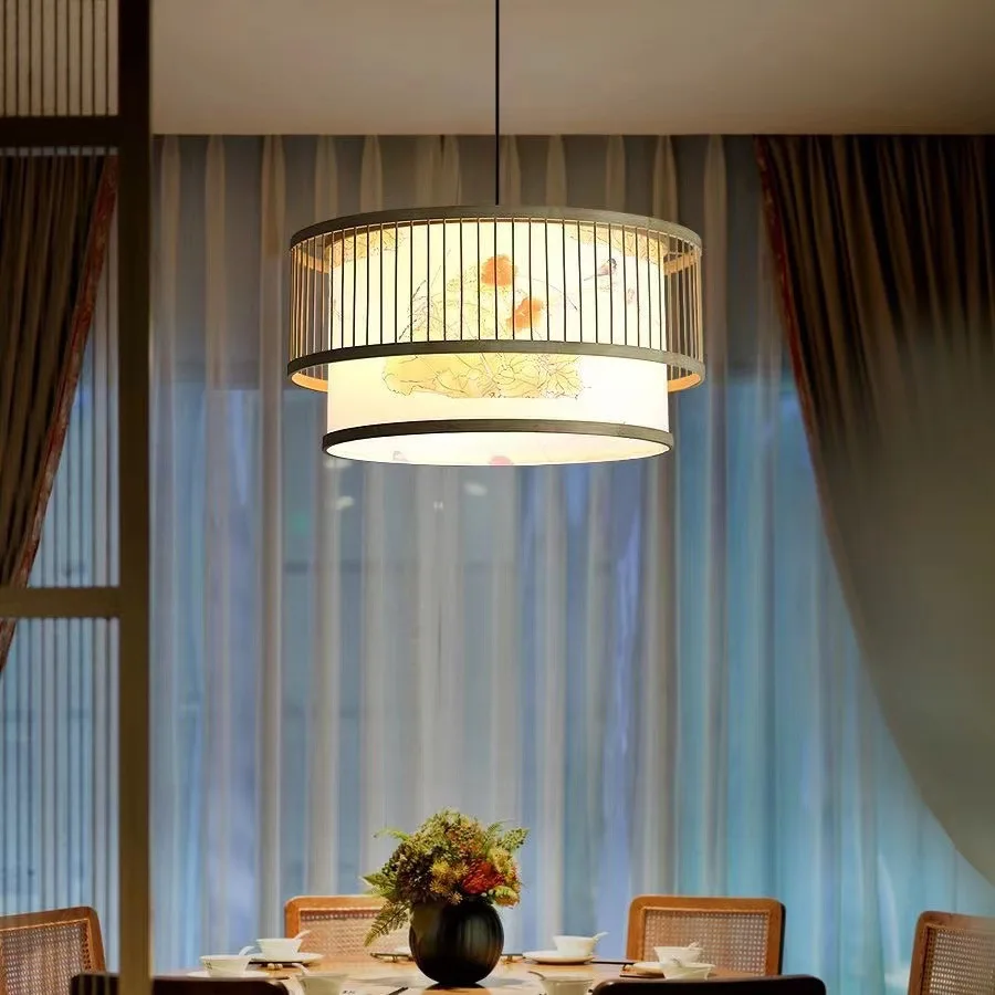 Japanese Style Bamboo and Wood Woven Pendant Light Chinese Dining Table Chandelier E27 LED Indoor Lighting Fixtures Home Decor