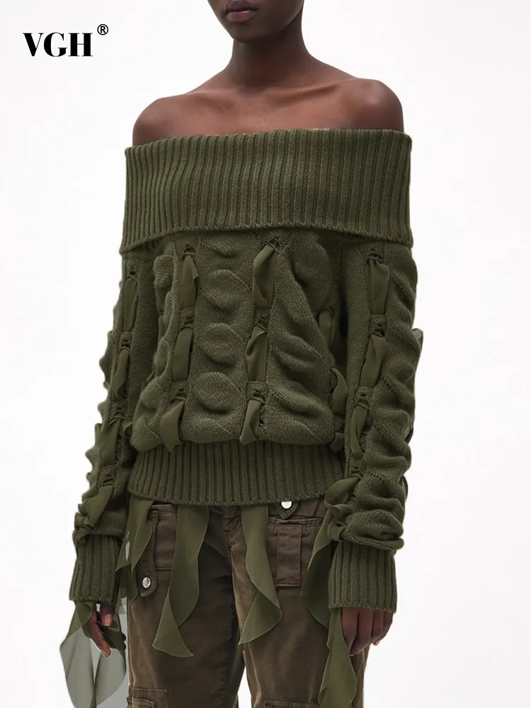 

VGH Solid Loose Knitting Off Shoulder Sweaters For Women Slash Neck Long Sleeve Pullover Spliced Lace Up Sweater Female Fashion