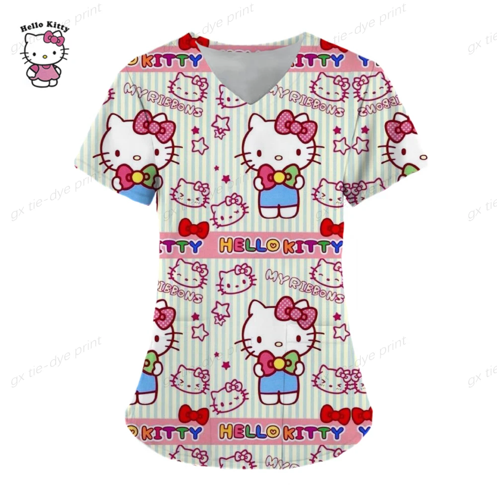 thumbnail image 1 of Ropa de mujer, camiseta de verano, camisetas de Hello Kitty, camiseta con cuello en V, camisetas con bolsillos, uniforme de enfermera, camisetas de Hospital, camisetas para mujer 2023, 1 of 5