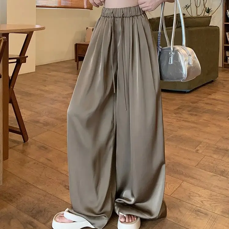 

Solid color pleated loose drape satin casual pants for women summer high waist wide leg pants floor mopping long pants