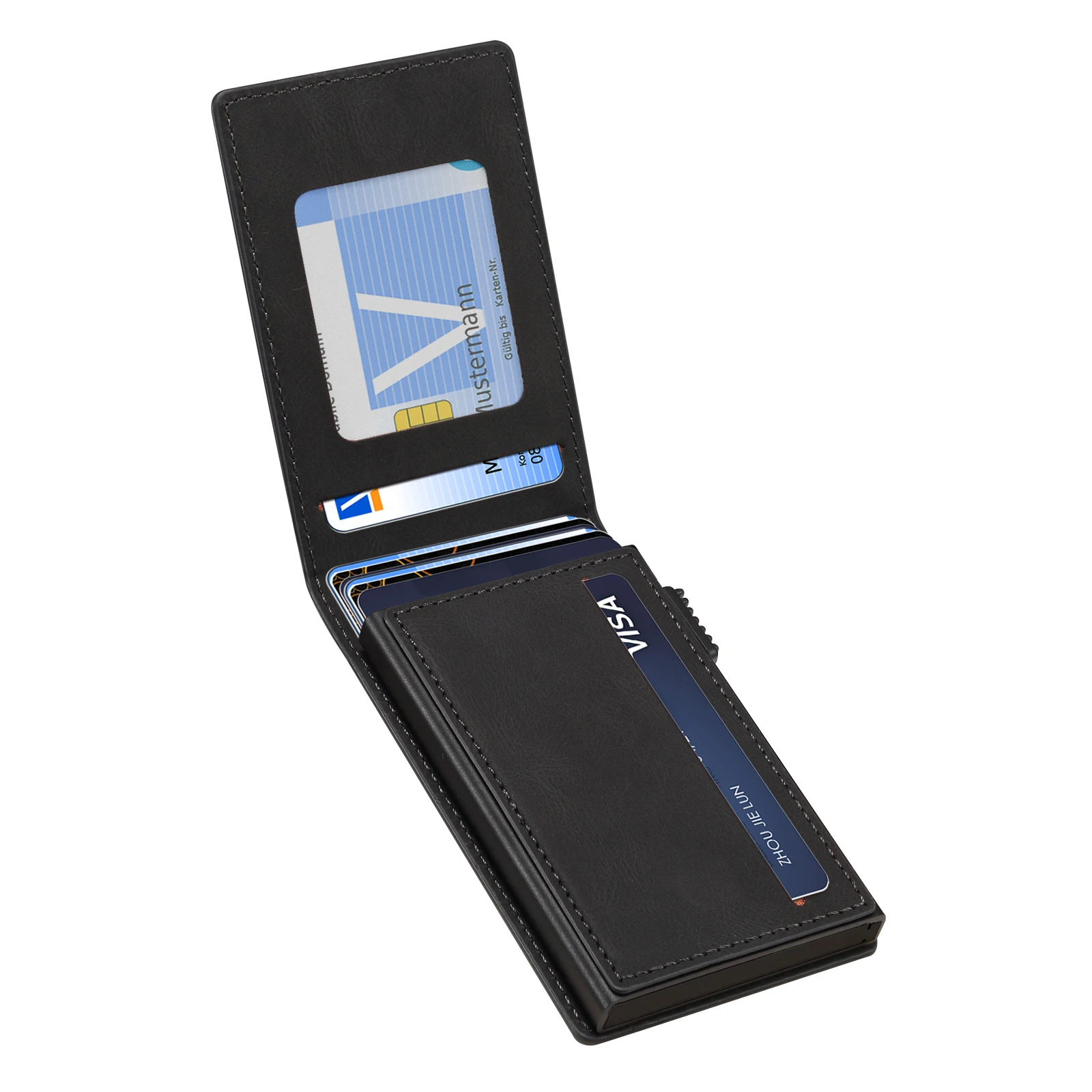 Luxus-Kartensteckplatz aus Kunstleder mit Kartenfach, Flip-Cover-Knopf, Magnet-Kartenbox, drückt den Knopf automatisch die Karte aus – Detail 14