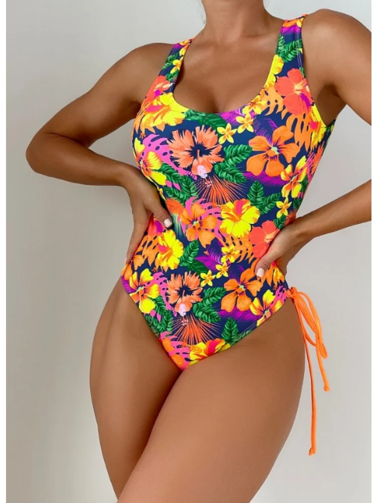 One-piece Cut-out Swimwear Women Leaky Back Sexy Swimwear Floral Bikini Lace Up Brazilian Bikini Beachwear Bathing Suit 2023 New