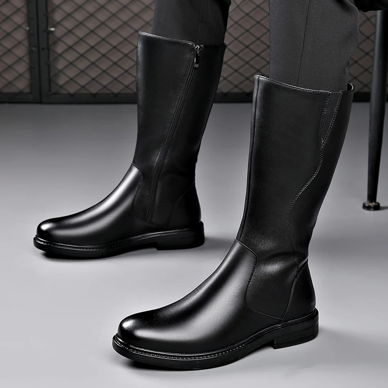 Long Boots For Mens Real Soft Leather Thick Soled Leather Motorcycle Rider Riding High Barrel Collar Plush Martin Boots Zipper