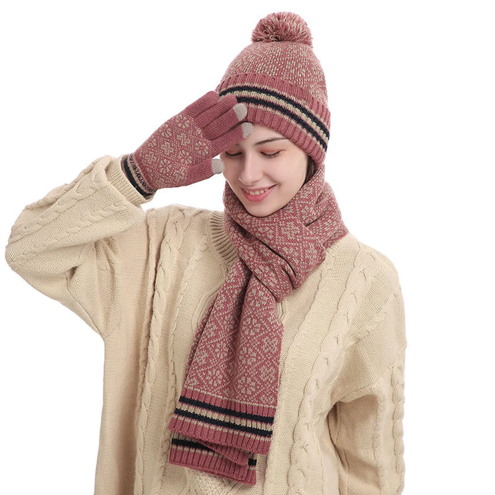 

Hat Scarf Gloves Set For Women Fleece Warm Knit 3 Piece Neck Warmer Wool Thermal Cap Winter Outdoor Sport Ski Bike Gloves Scarf