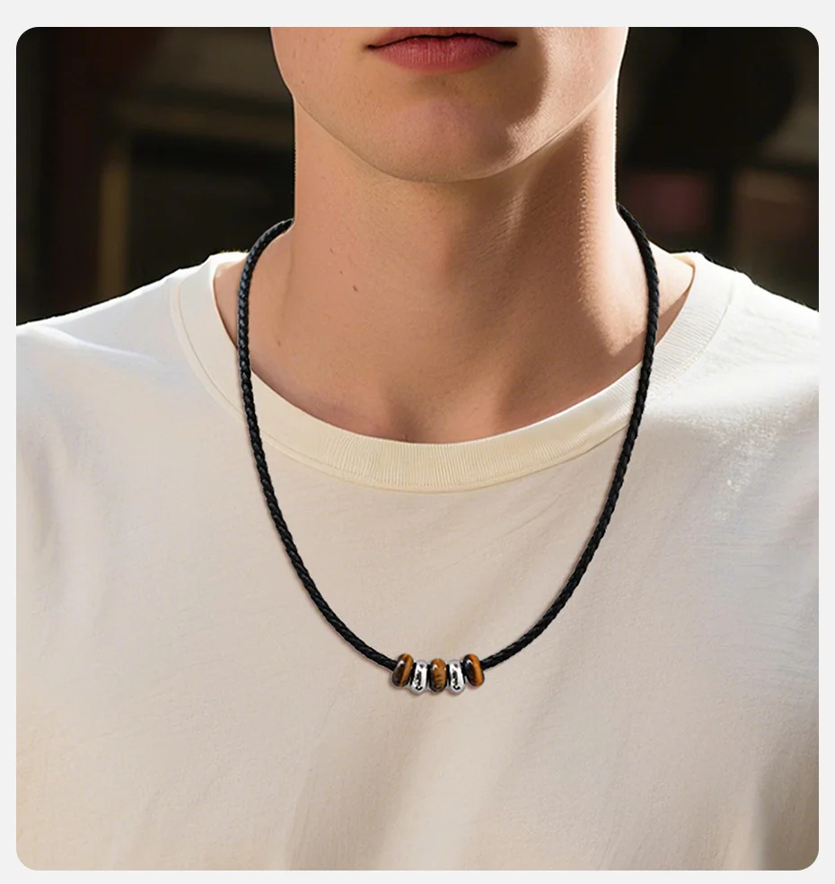 Vnox Edelstahl-Halskette mit natürlichen Tigerauge-Steinperlen für Herren, verstellbarer schwarzer PU-Leder-Seilkragen, Vintage-Schmuck, Geschenk – Detail 2