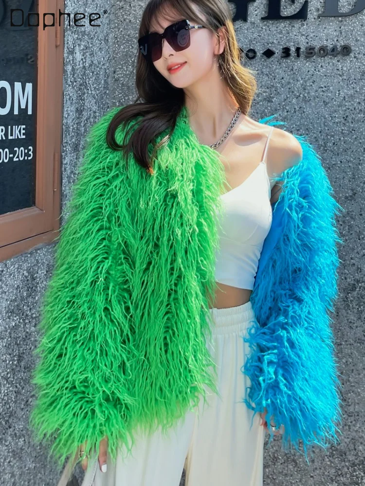 2023 Winter Color Contrast Patchwork Furry Coat Korean Style Environmentally Friendly Fur Blue Beach Wool Green Faux Fur Coats