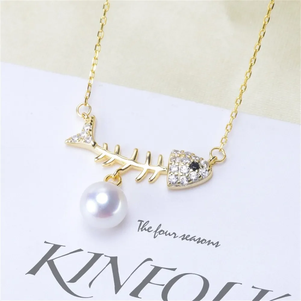 

DIY Pearl Accessories S925 Sterling Silver Pendant Empty Holder with Chain Fishbone Necklace Women's Sterling Silver Accessories