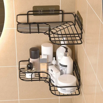 Scaffale portaoggetti triangolare in metallo non perforato da 1 pezzo montato a parete per l'organizzazione del lavabo dell'area della doccia della toilette del bagno 1