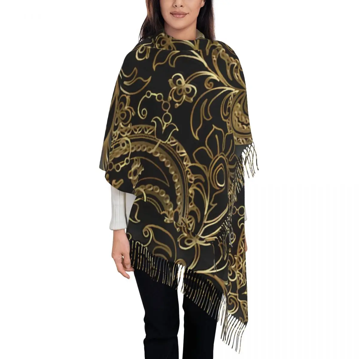 

Female Large Thuth Vintage 3D Gold And Black Paisley Flowers Leaves Scarves Women Winter Thick Warm Tassel Shawl Wrap Scarf