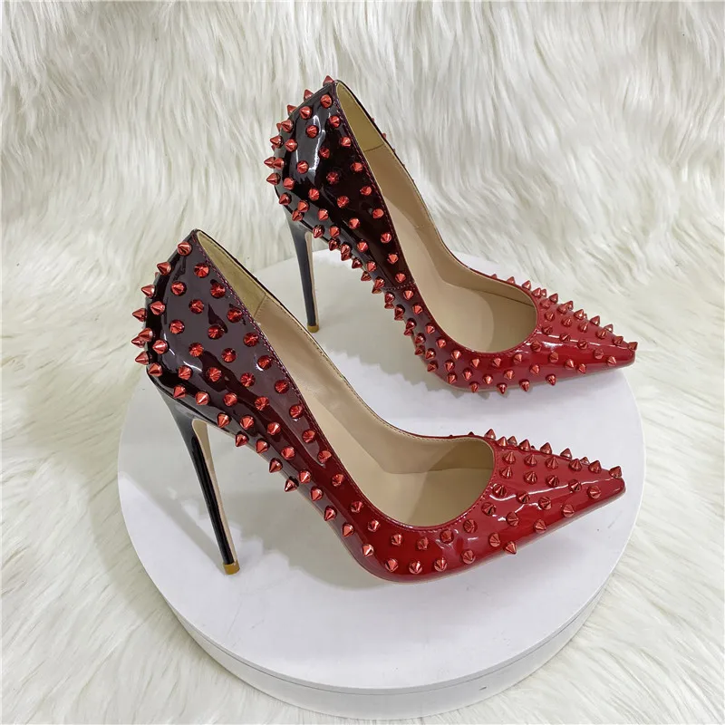 

Black Red Gradual Color Classics Pumps for Women 2023 Pointed Toe High Heels for Party Ladies Sexy Rivets Stilettos 12cm 10cm