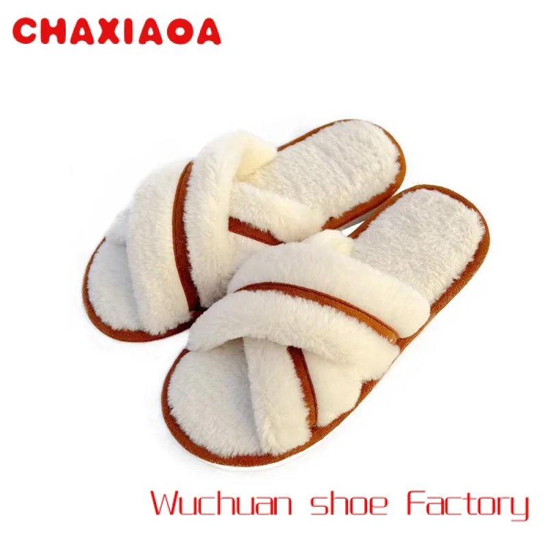 

Wenli 2023 Hot Sales Custom Cross Band Plush Fleece Soft Winter Warm Indoor Home Fur Slippers for Women and Men